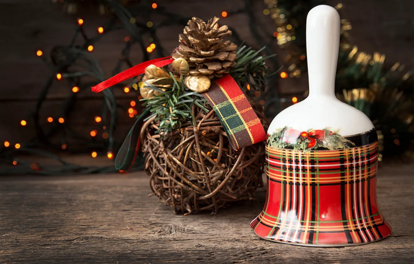 Photo wallpaper balls, Board, new year, Christmas, tape, garland, bells, needles