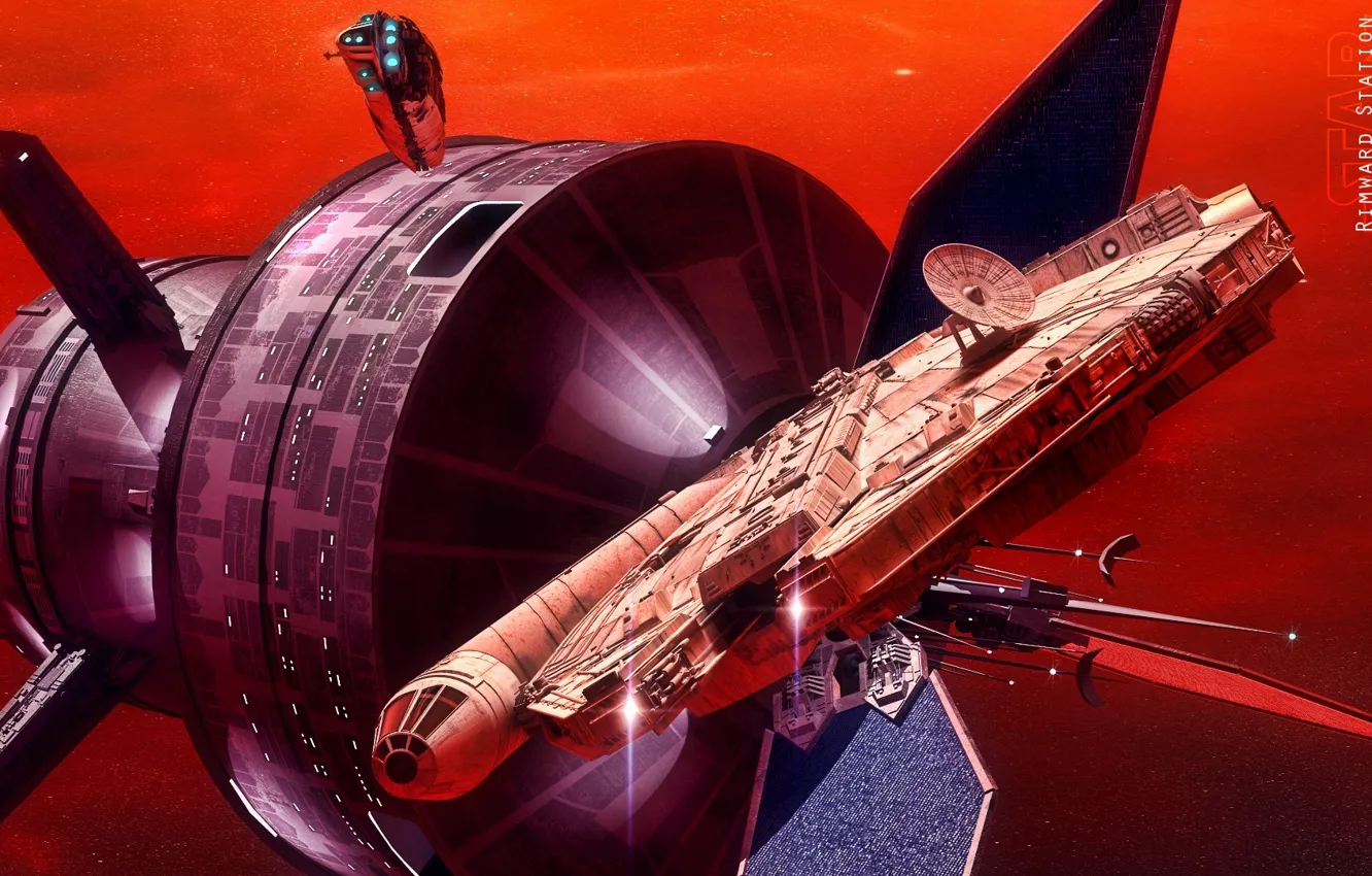 Photo wallpaper space, spaceships, pimward station, red space, the Millennium Falcon