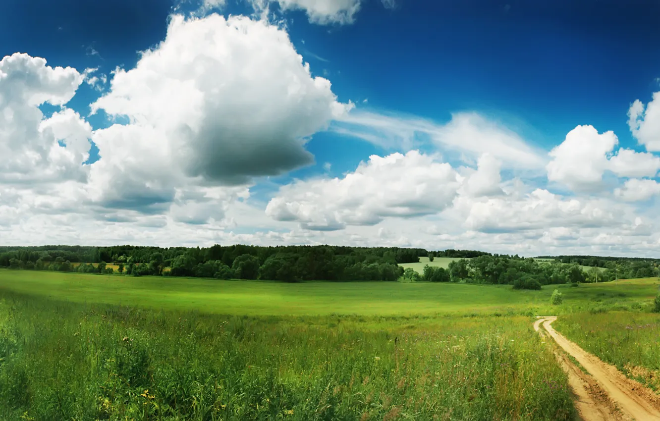 Photo wallpaper greens, field, the sky, clouds, nature, green, trail, track