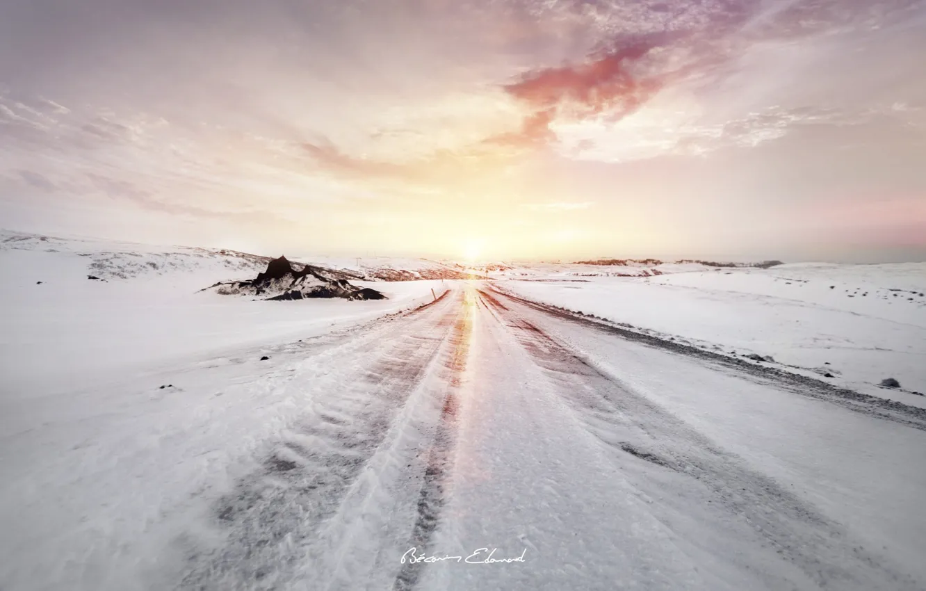 Photo wallpaper winter, road, the sun, light, snow