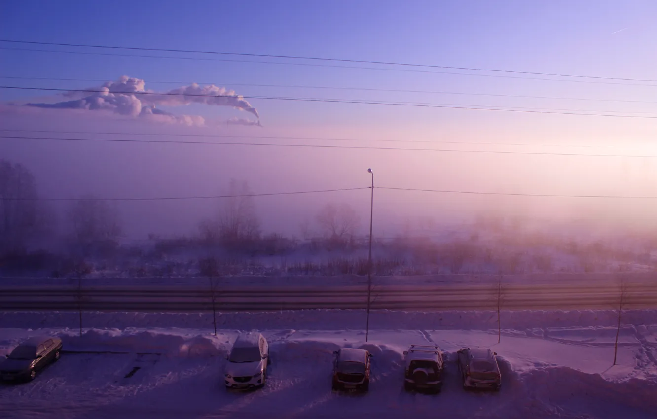 Photo wallpaper winter, fog, smoke, morning