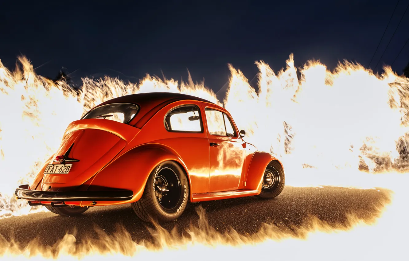 Photo wallpaper fire, flame, Volkswagen, orange, Beetle