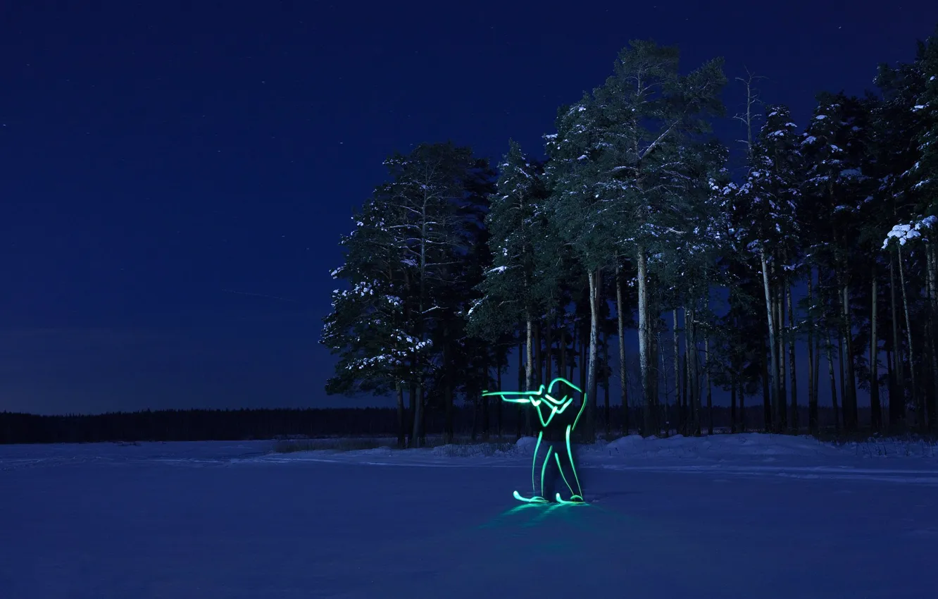 Photo wallpaper winter, forest, night, silhouette, Olympics, biathlon