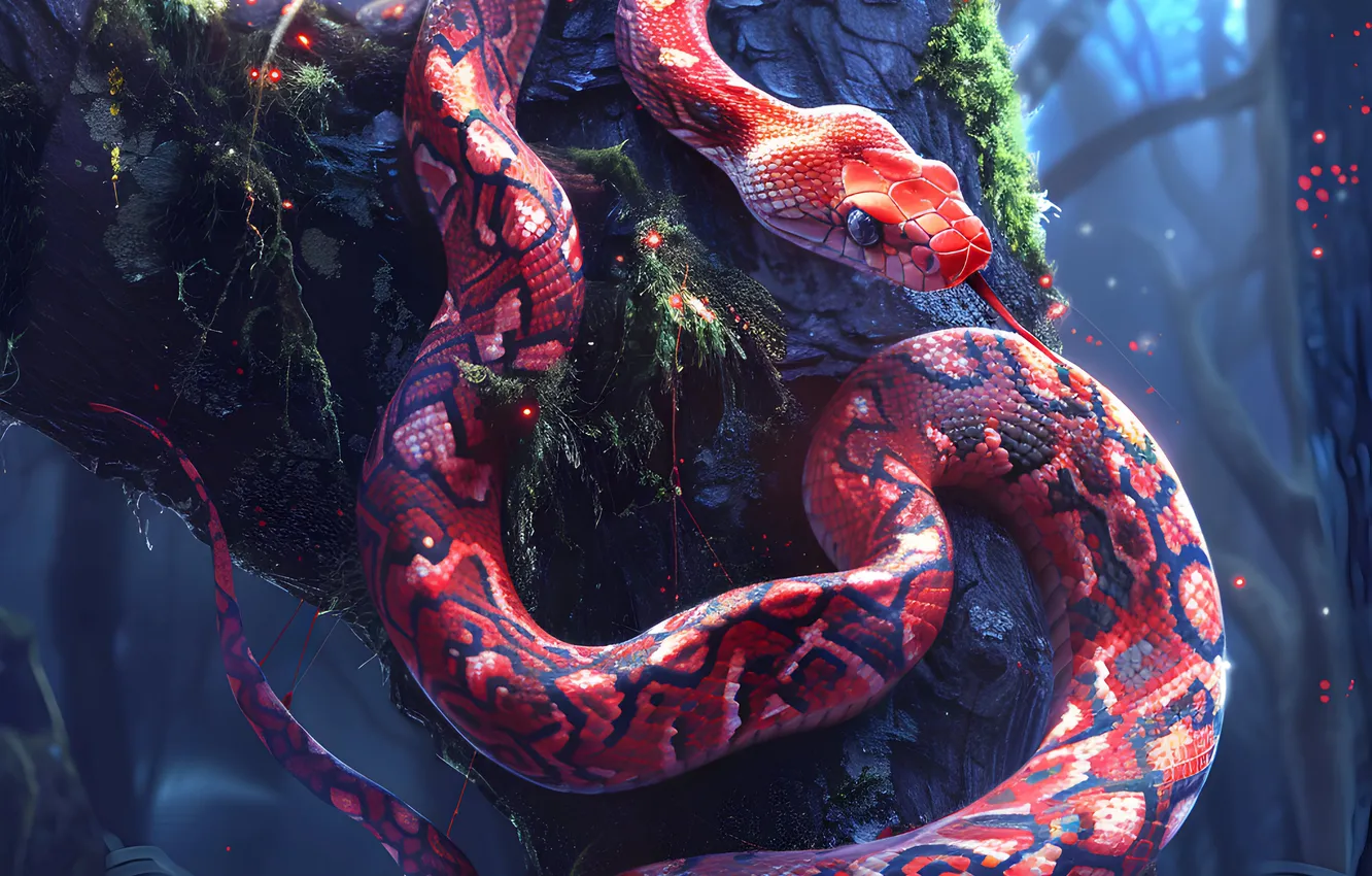Photo wallpaper forest, trees, animal, snake, art, reptile, digital art, imitation painting