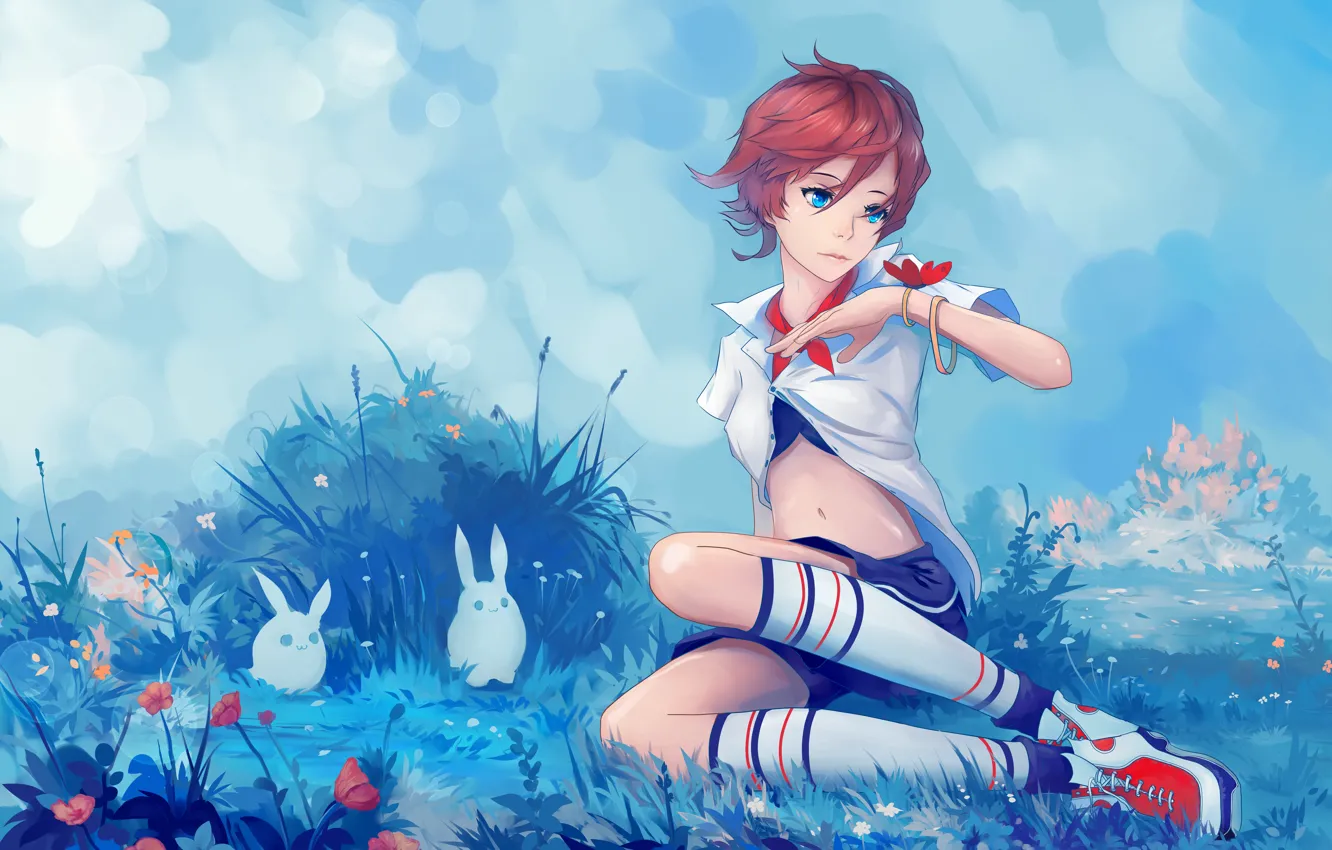 Photo wallpaper look, girl, nature, pose, butterfly, haircut, anime, art