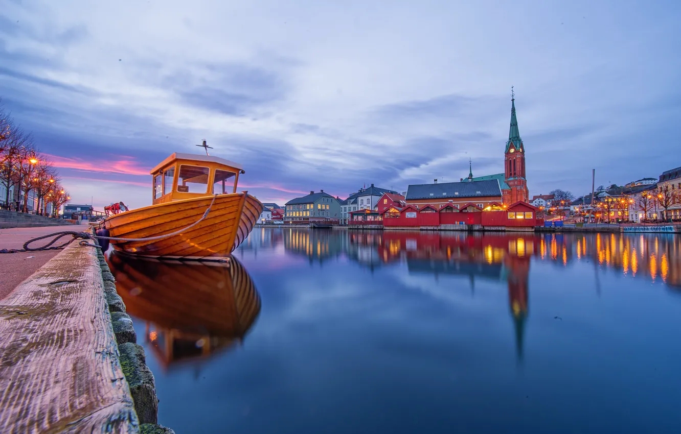Photo wallpaper lights, boat, the evening, Norway, Church, Norway, Arendal