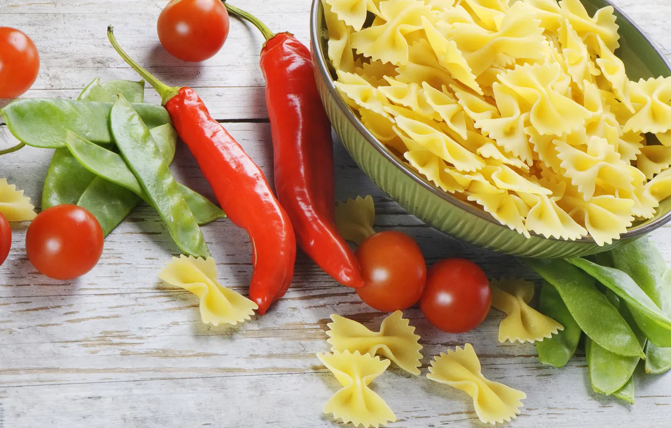 Photo wallpaper table, plate, pepper, tomatoes, pasta, green peas
