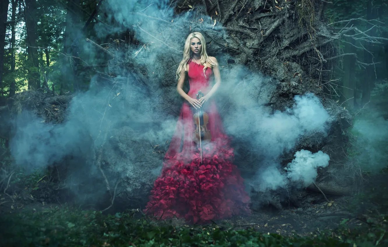 Photo wallpaper girl, trees, violin, smoke, dress, blonde, in red, one