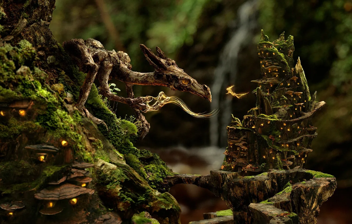 Photo wallpaper forest, dragon, fairy