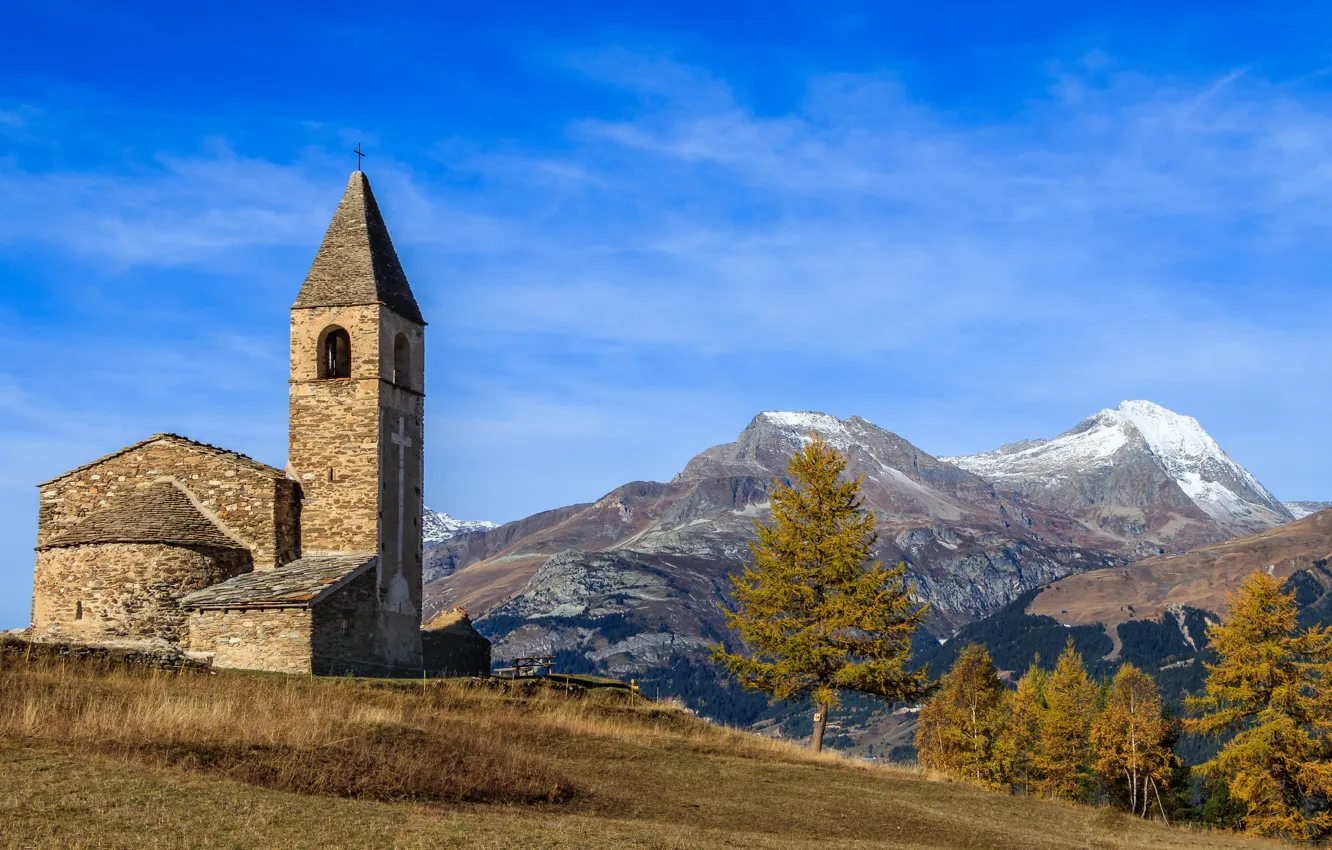 Photo wallpaper mountains, France, Church, Savoie, The chapel Saint-Pierre