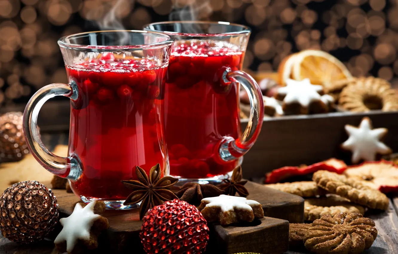 Photo wallpaper cookies, New year, drink, spices, Anis, mulled wine, cranberry