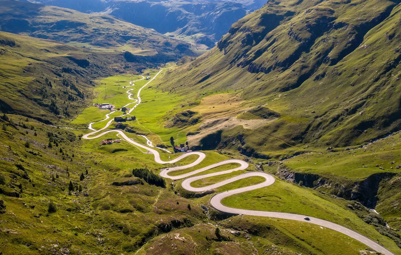 Photo wallpaper road, mountains, Switzerland, valley, Alps