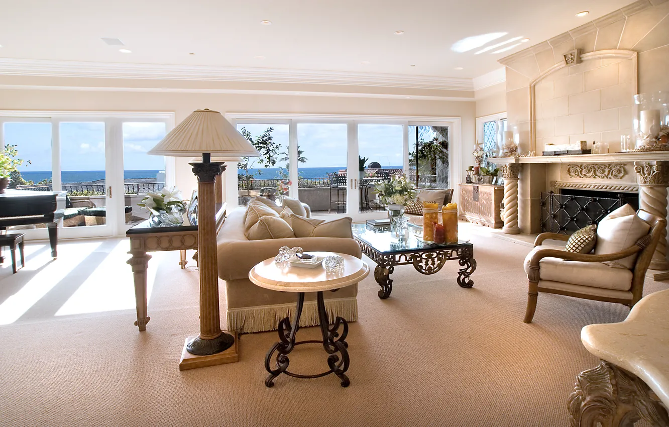 Photo wallpaper design, photo, table, lamp, interior, chair, fireplace, living room