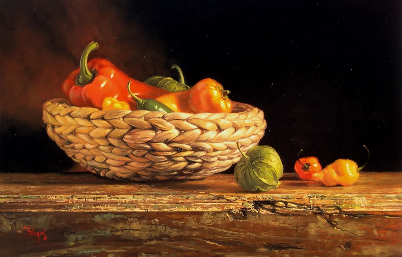 Photo wallpaper table, basket, figure, picture, still life, vegetables, reproduction, Kyle