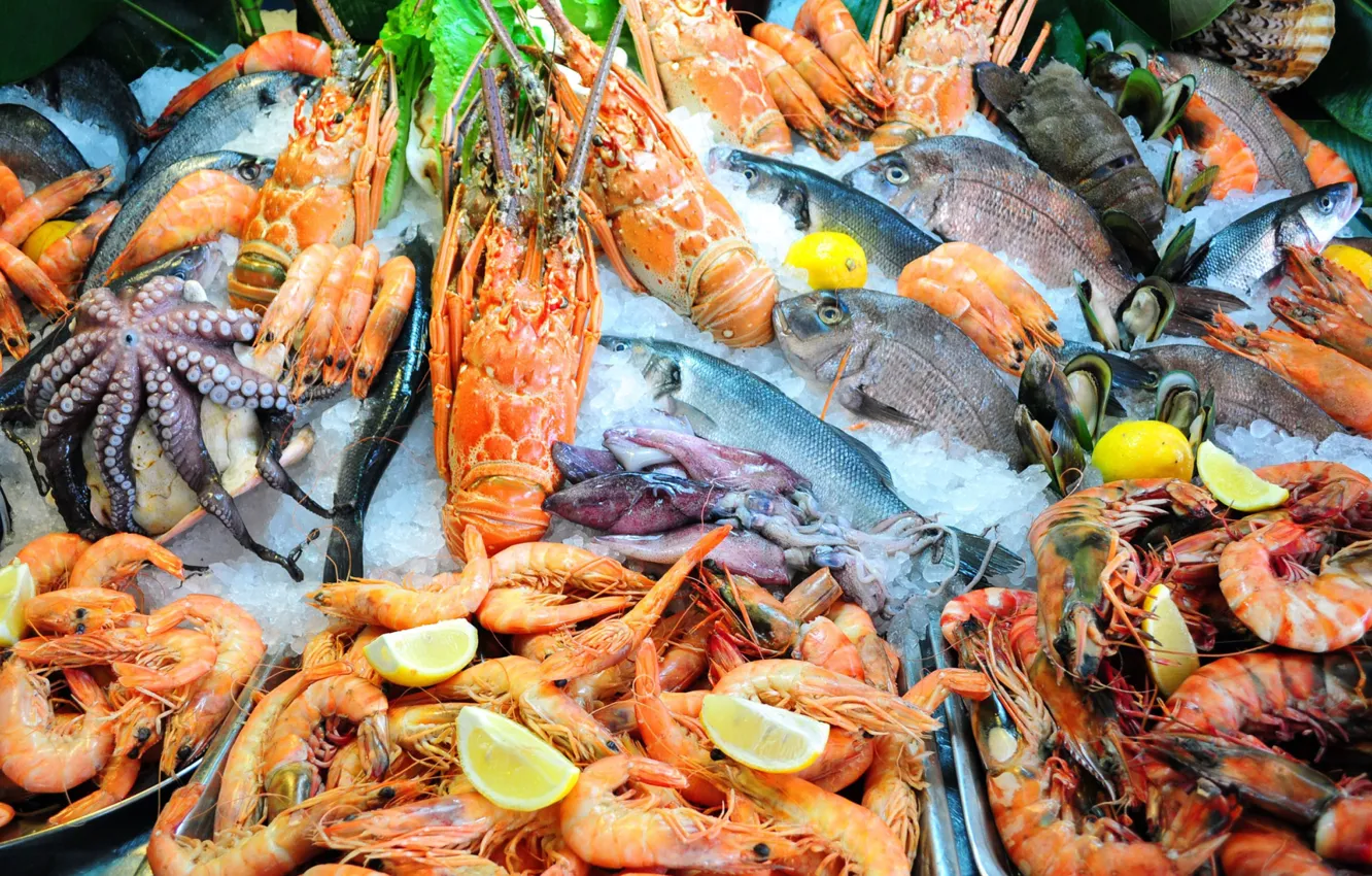 Photo wallpaper lemon, fish, Omar, squid, shrimp, seafood