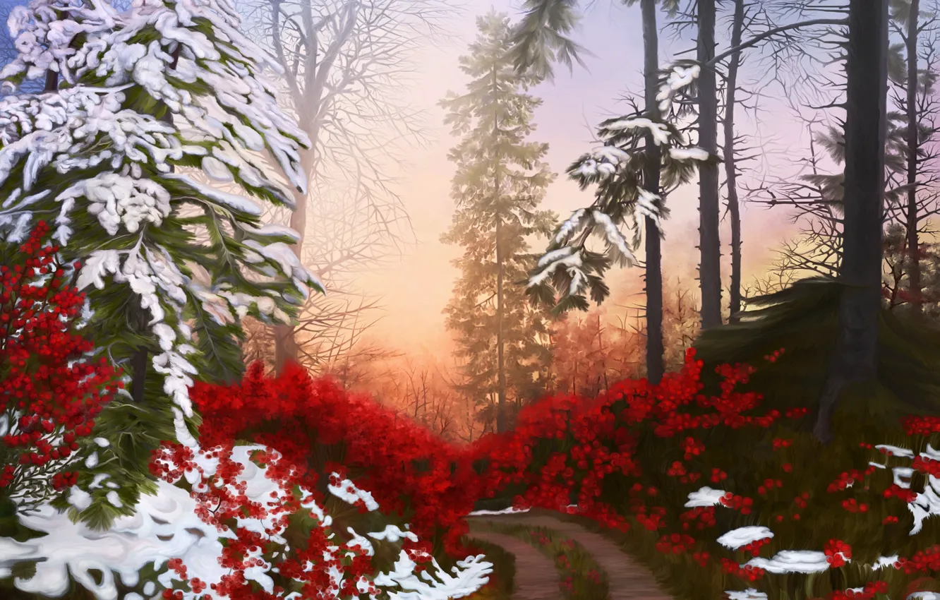 Photo wallpaper winter, road, forest, snow, nature, art, Nina Vels, Christmas way