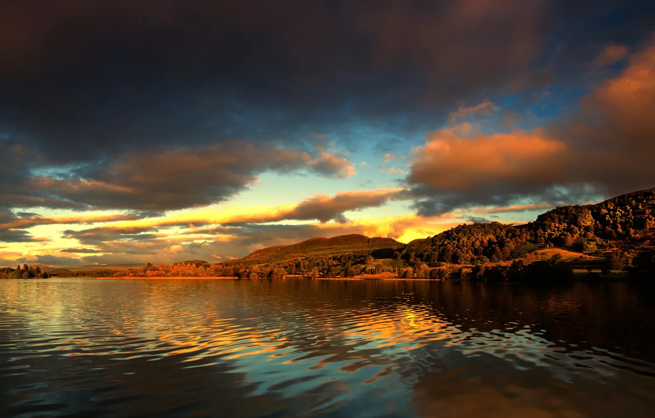 Photo wallpaper forest, the sky, clouds, landscape, sunset, mountains, lake, river