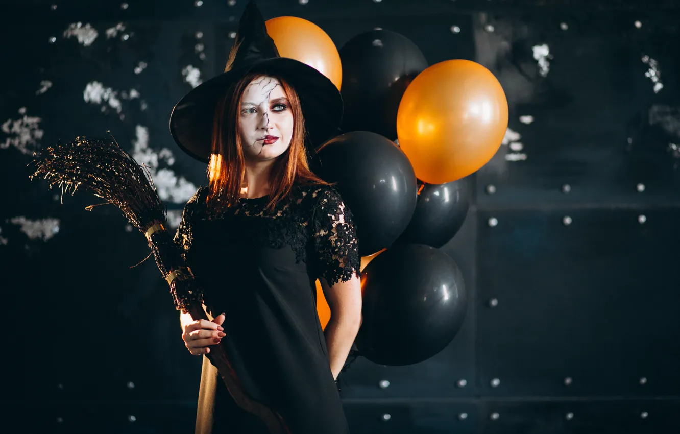 Photo wallpaper autumn, girl, the dark background, holiday, makeup, pumpkin, Halloween, witch