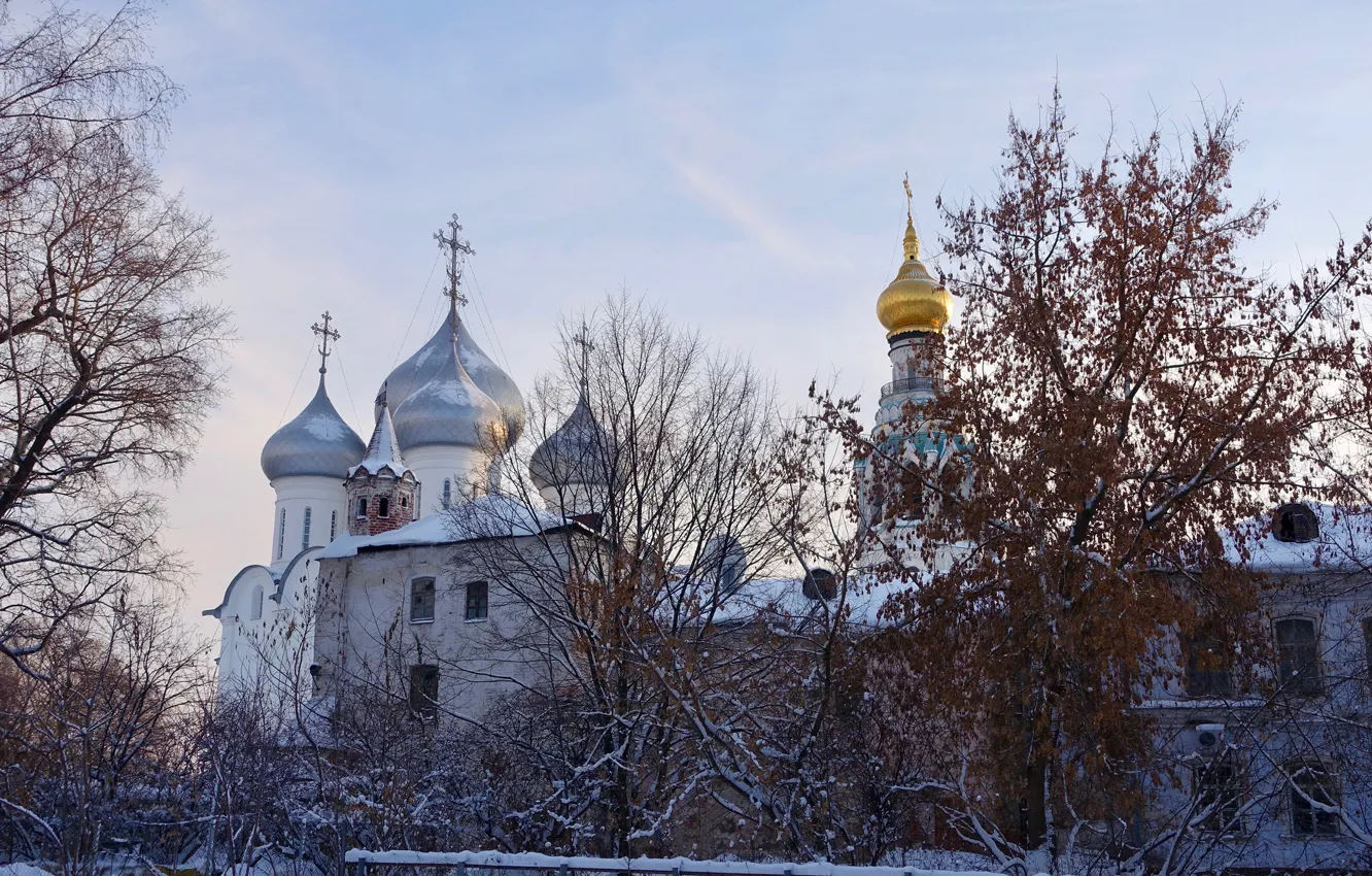 Photo wallpaper winter, the sky, the sun, snow, trees, nature, Church, temple