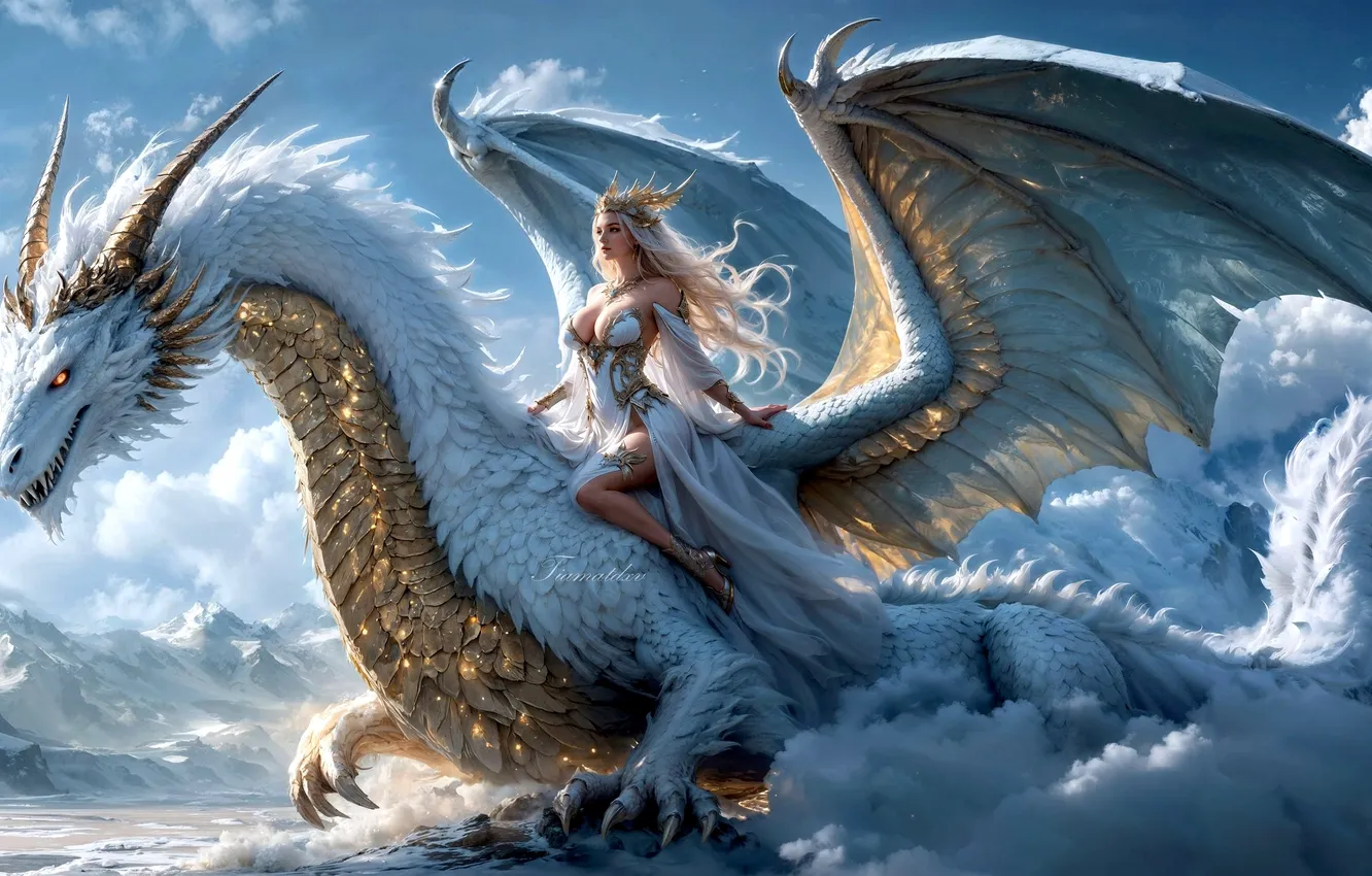 Photo wallpaper fantasy, cleavage, horns, wings, crown, dragon, blonde, digital art