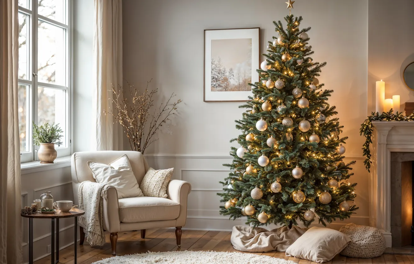 Photo wallpaper decoration, room, gift, tree, new year, interior, Christmas, Christmas