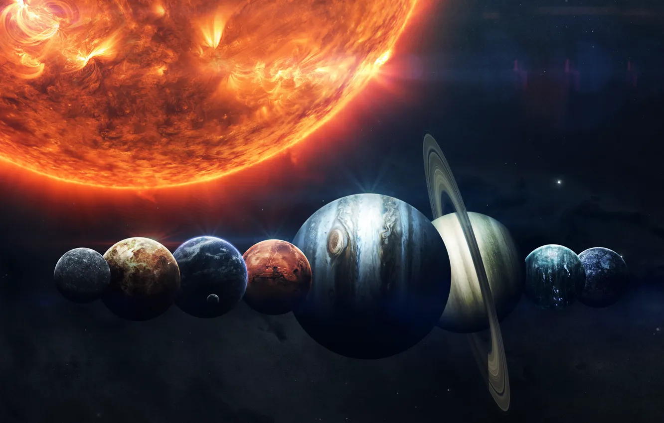 Photo wallpaper The sun, Saturn, The moon, Space, Star, Earth, Planet, Moon