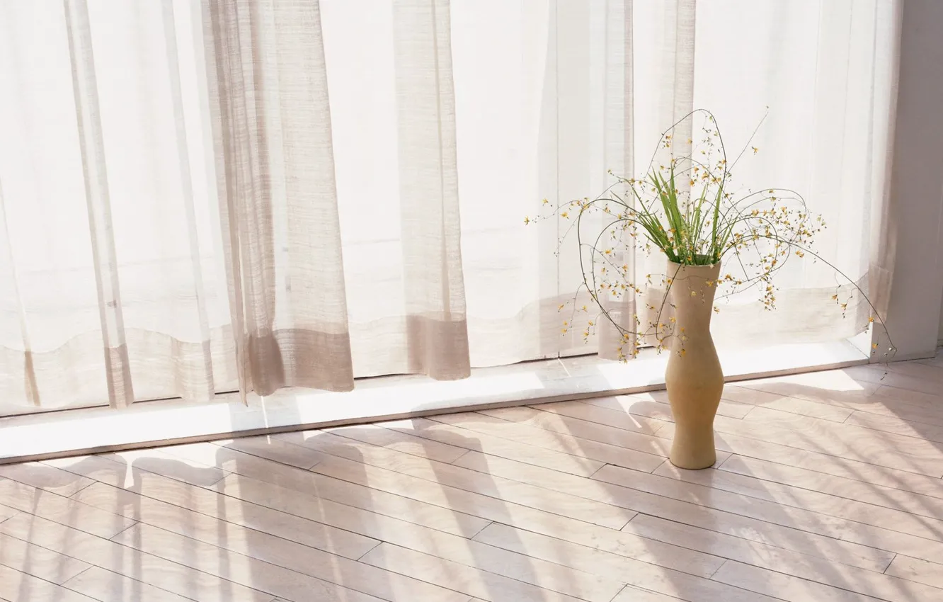 Photo wallpaper floor, curtains, vase