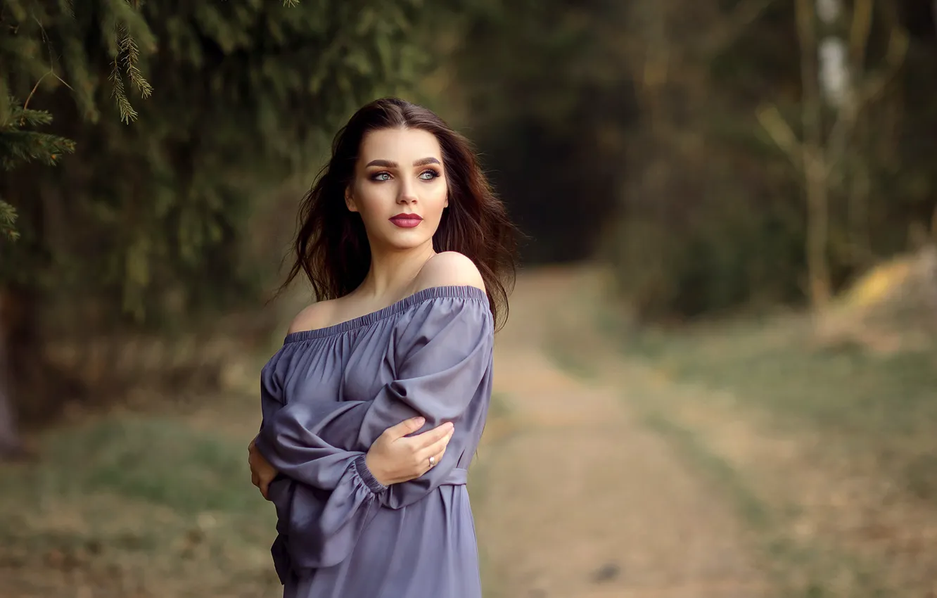 Photo wallpaper road, forest, look, girl, branches, nature, makeup, dress