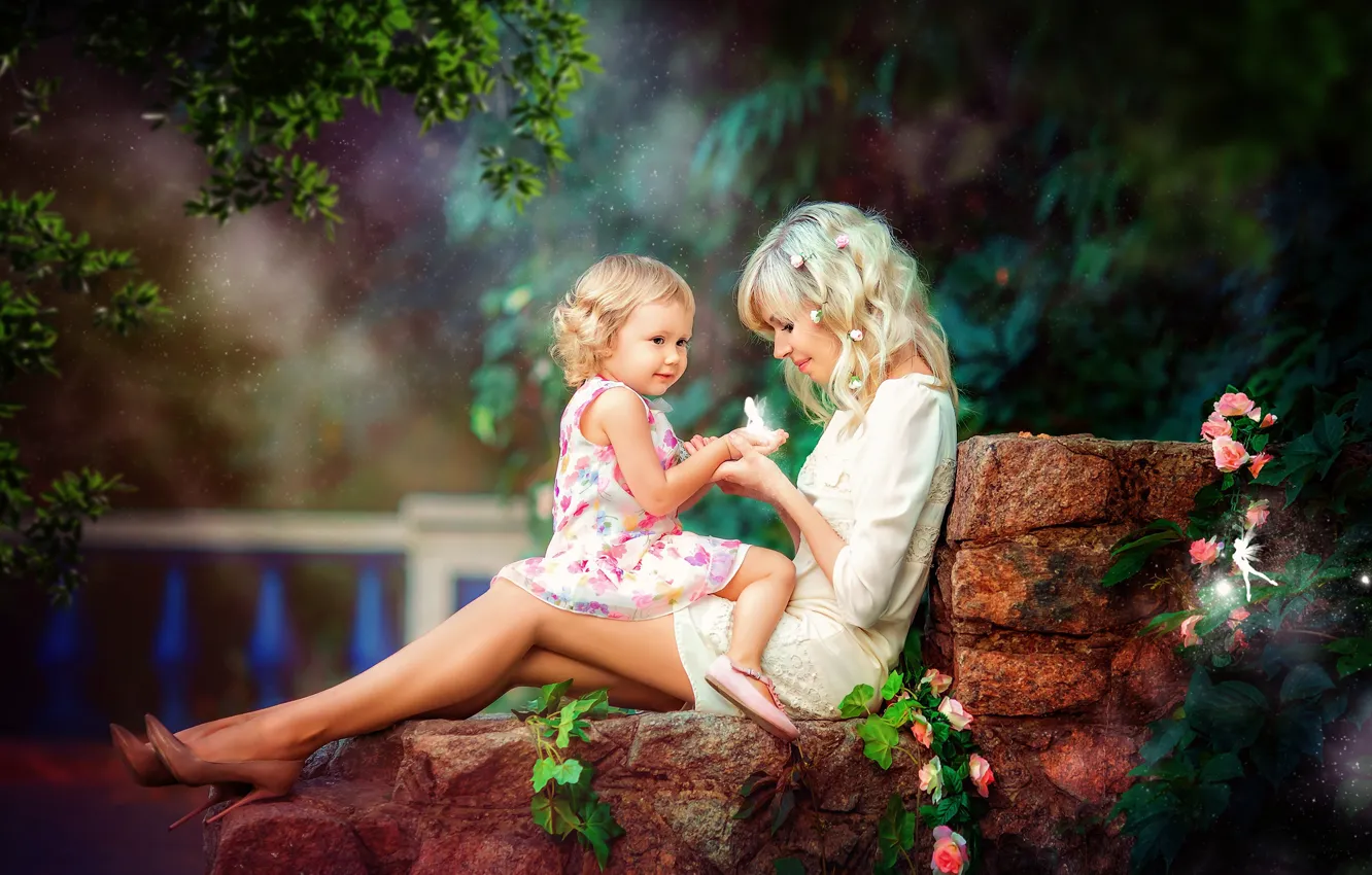 Photo wallpaper flowers, children, stones, magic, woman, roses, fairy, masonry