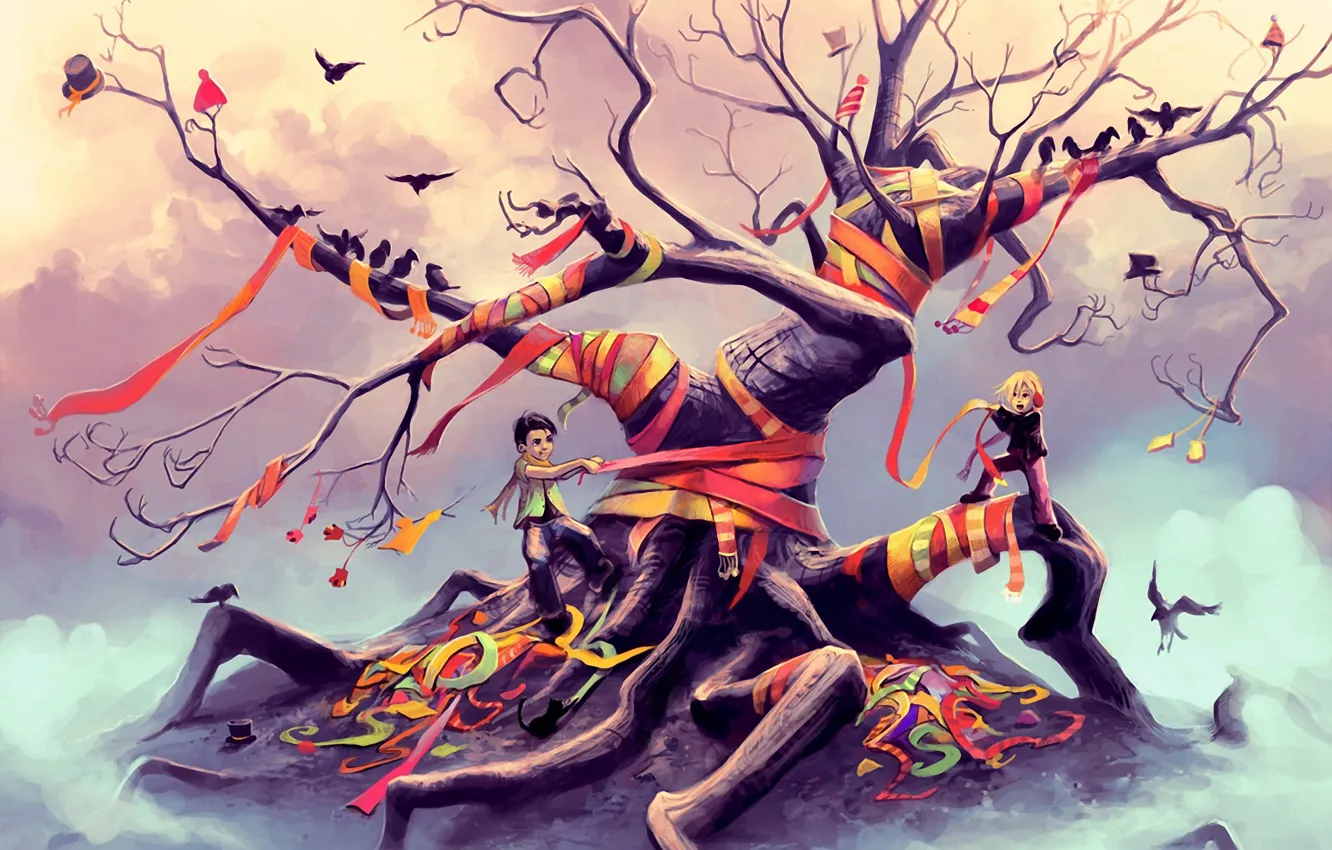 Photo wallpaper trees, children, fantasy, bird, hat, art, tape