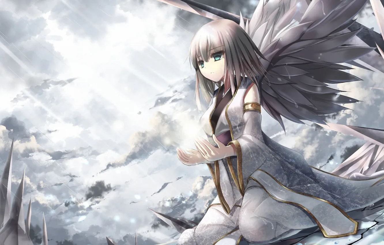 Photo wallpaper girl, drops, clouds, wings, angel, art, the sun's rays, sitting