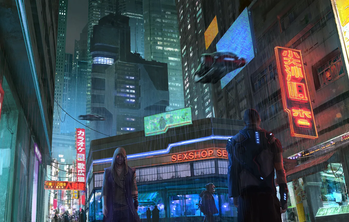 Photo wallpaper night, the city, street, passers-by, Cyberpunk