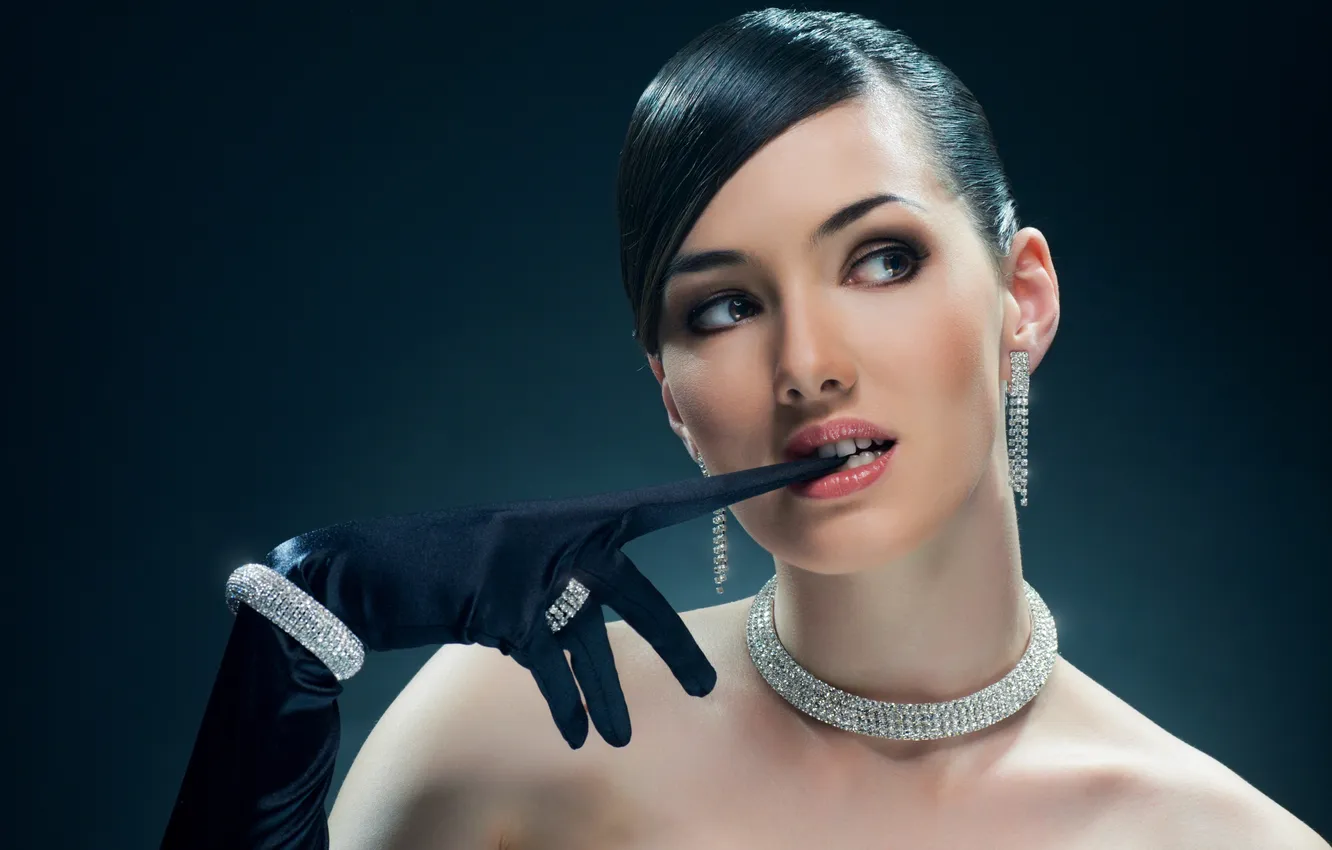 Photo wallpaper look, girl, reverie, earrings, necklace, brunette, hairstyle, gloves