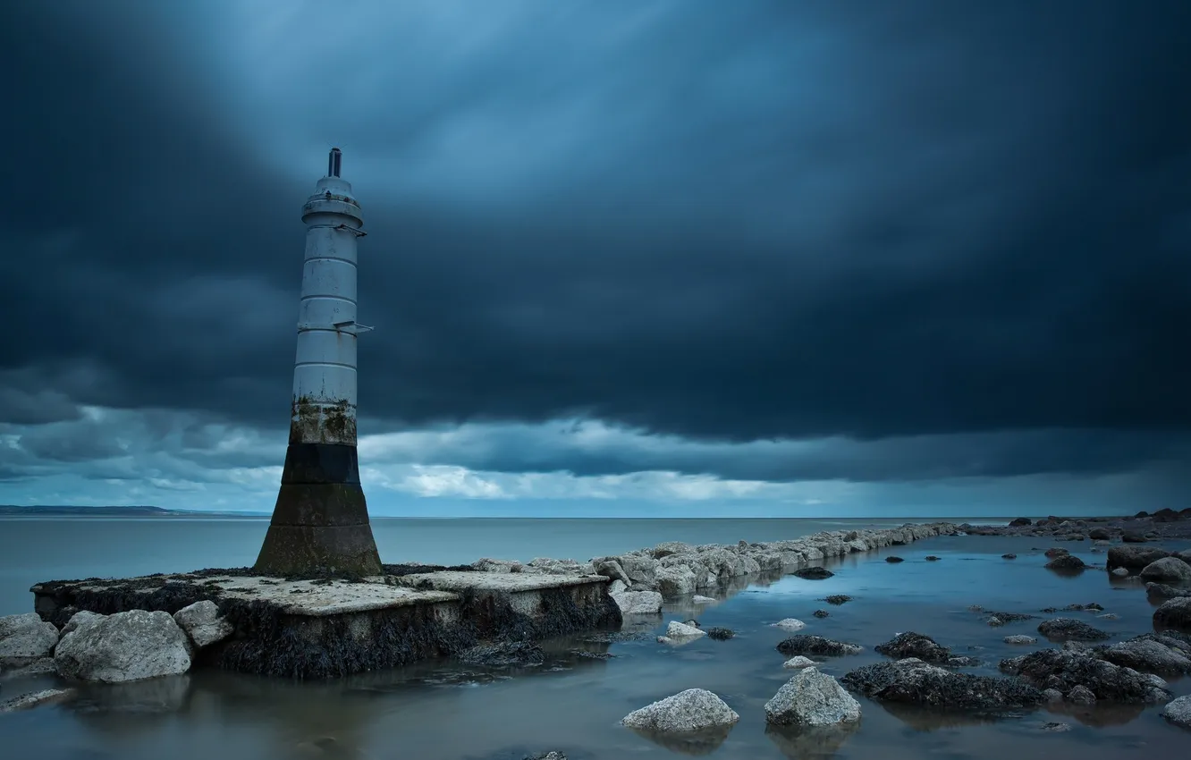 Photo wallpaper sea, clouds, stones, lighthouse