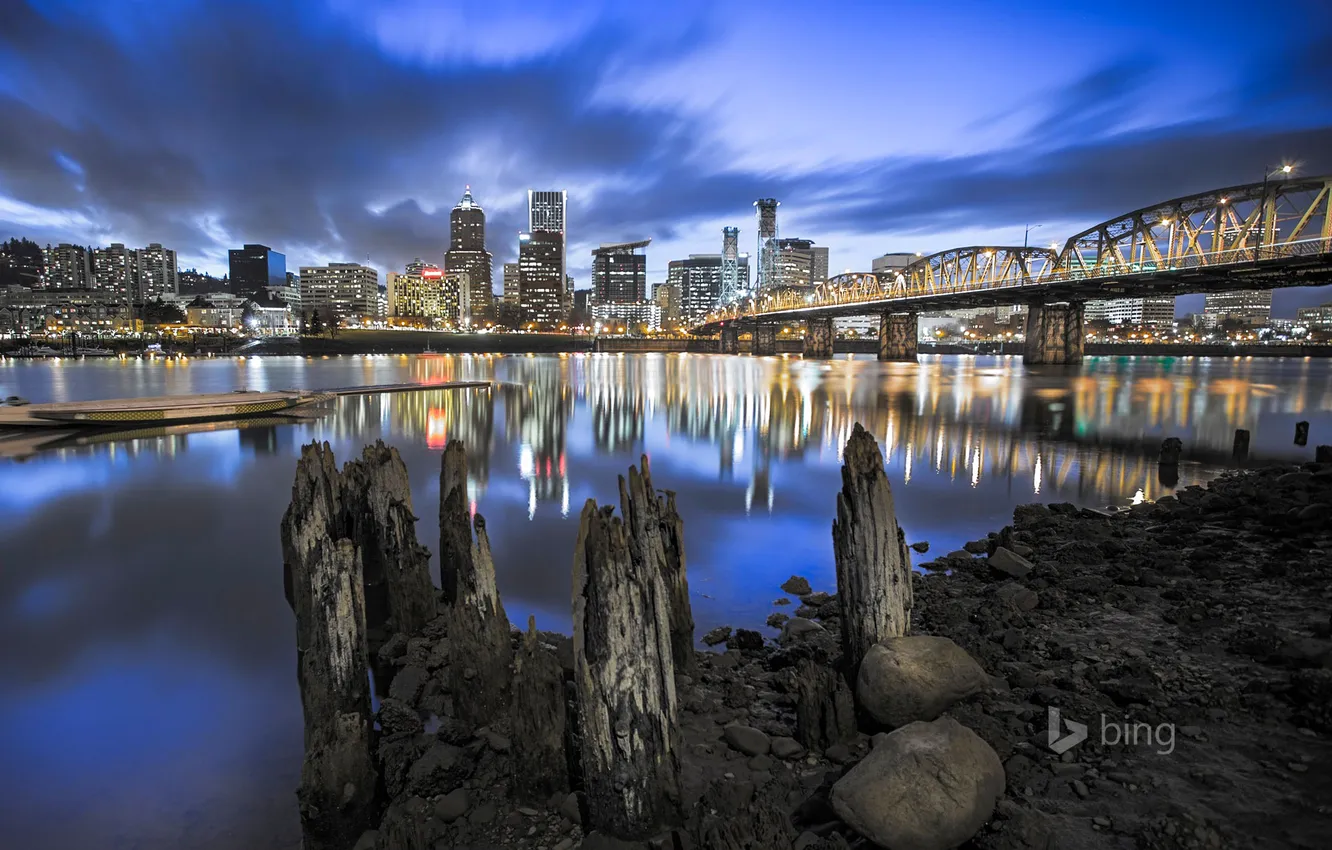 Photo wallpaper the sky, clouds, bridge, lights, river, home, skyscrapers, the evening
