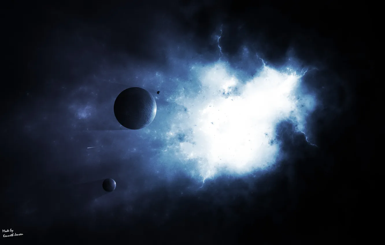 Photo wallpaper nebula, planet, satellite, glow