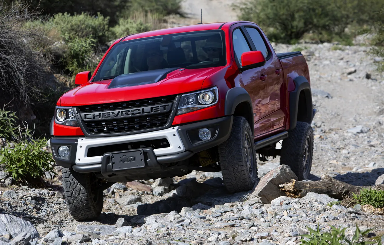 Photo wallpaper red, stones, vegetation, Chevrolet, pickup, Colorado, 2019, ZR2 Bison