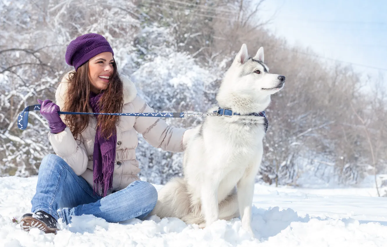 Photo wallpaper winter, girl, snow, nature, dog