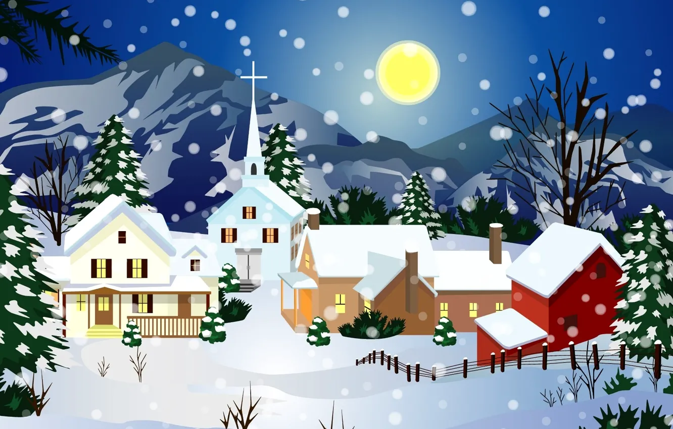 Photo wallpaper winter, snow, mountains, night, the moon, home, Church, moon