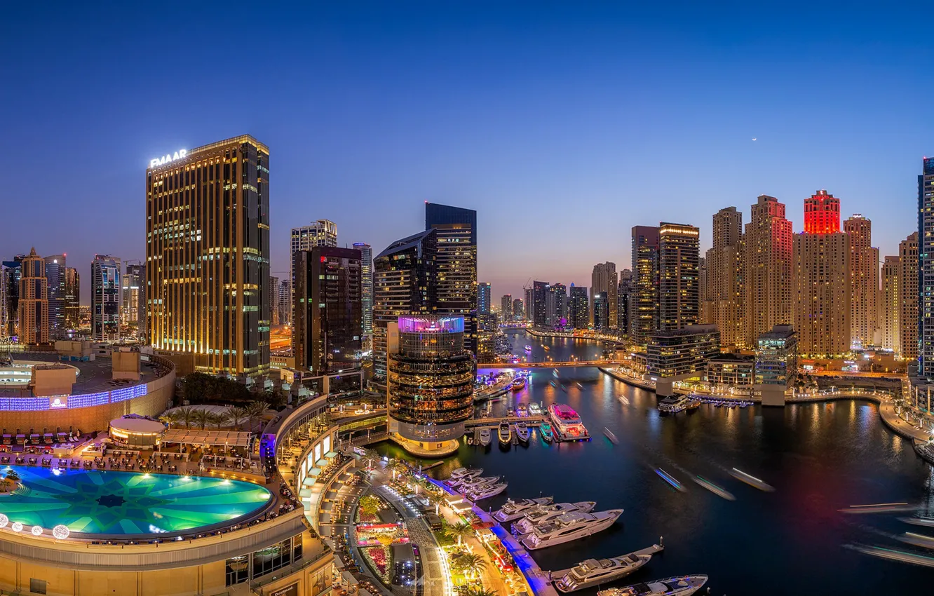 Photo wallpaper building, Bay, yachts, pool, panorama, Bay, Dubai, night city