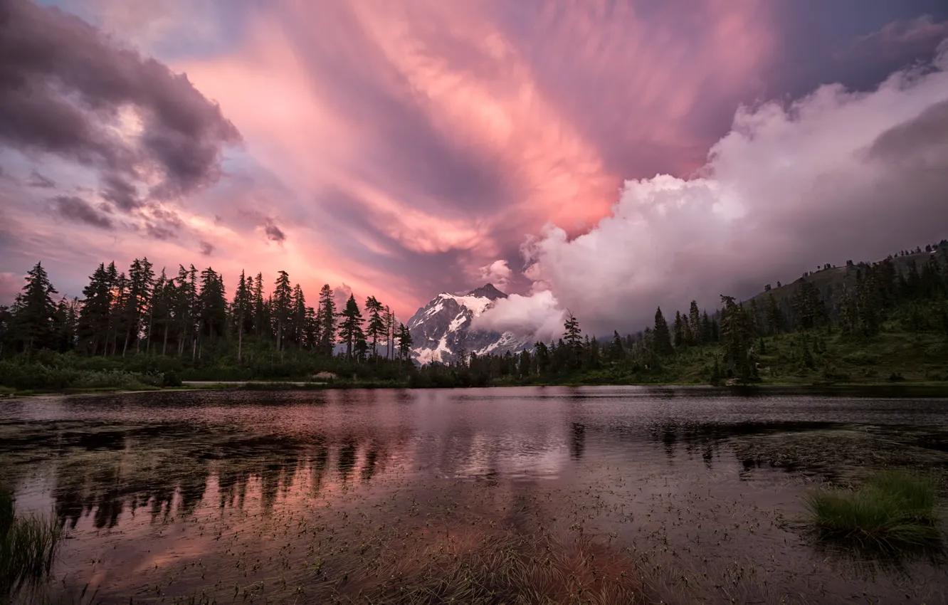 Photo wallpaper forest, clouds, sunset, mountains, lake, shallow water