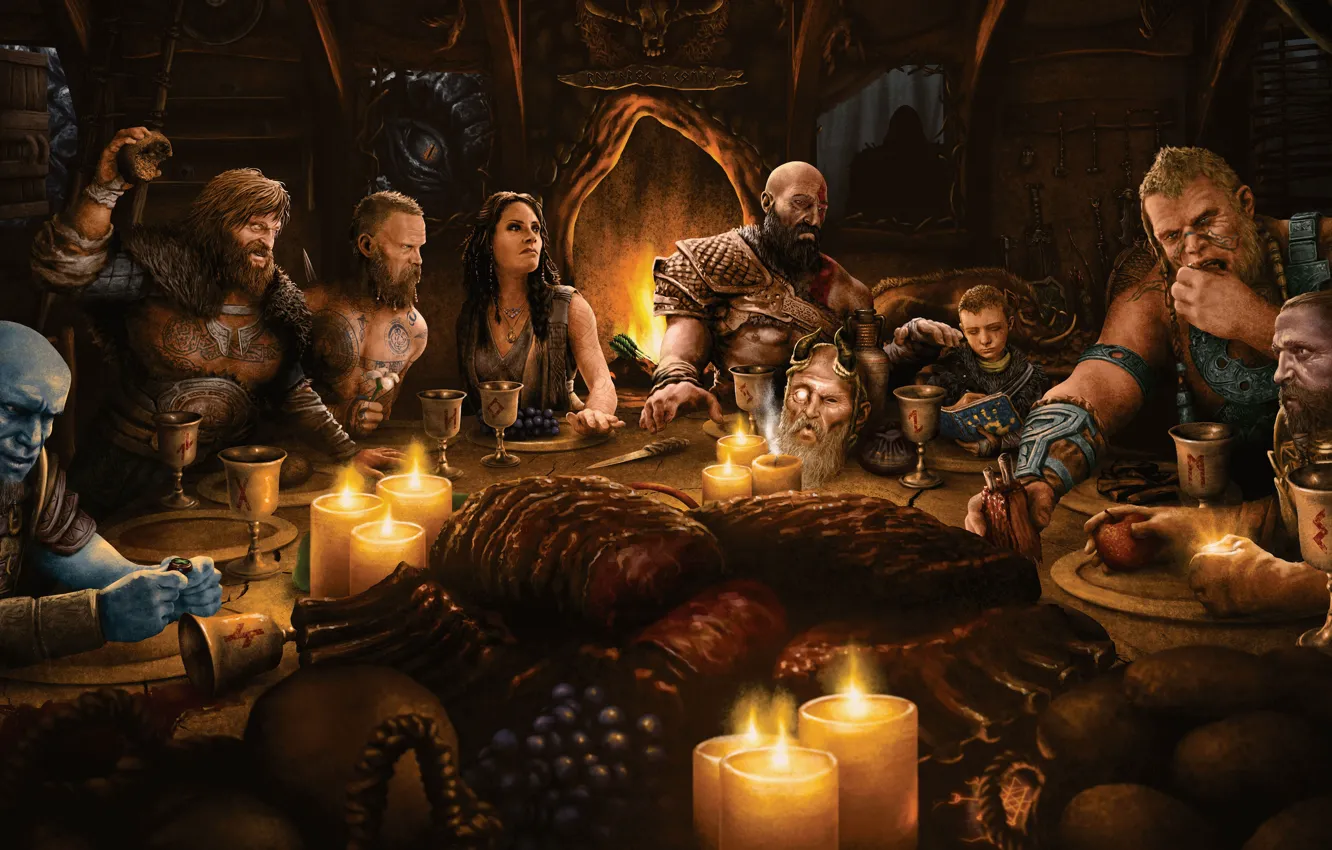 Photo wallpaper apple, sake, game, Gods, demigod, woman, Kratos, God of War