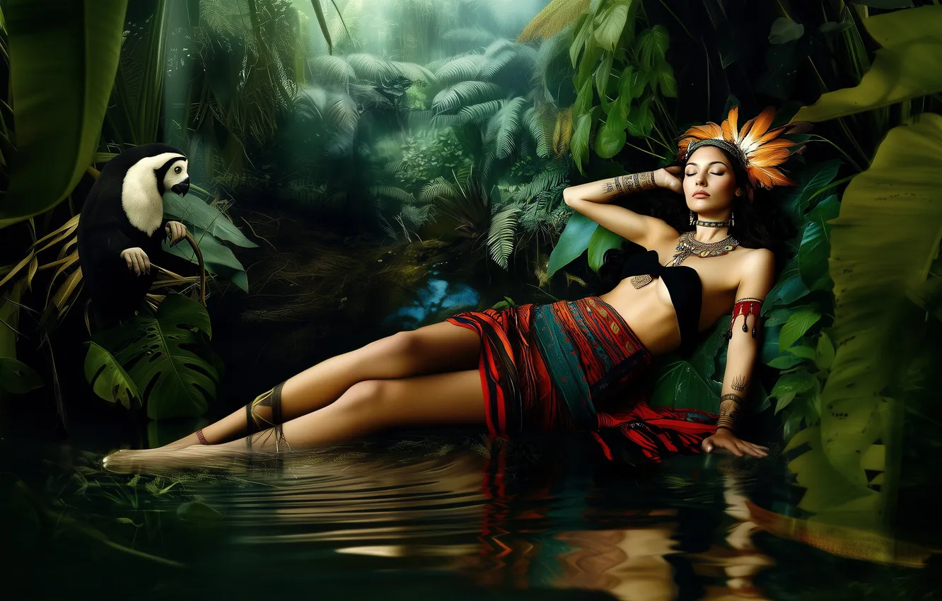 Photo wallpaper girl, bird, shore, lies, pond, AI art, neural network