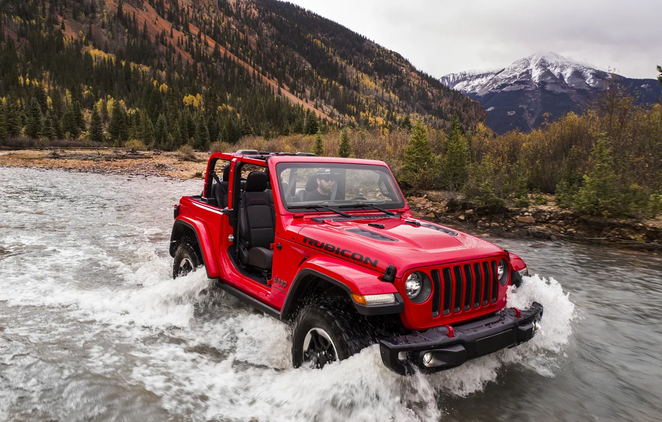 Photo wallpaper water, red, stream, movement, wave, 2018, Jeep, Wrangler Rubicon