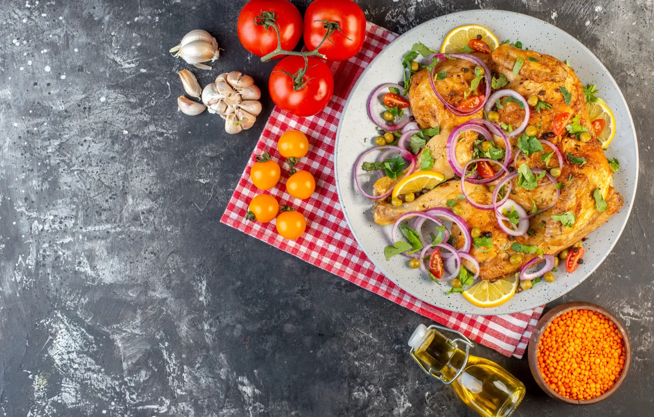 Photo wallpaper chicken, bow, tomatoes, chicken meat