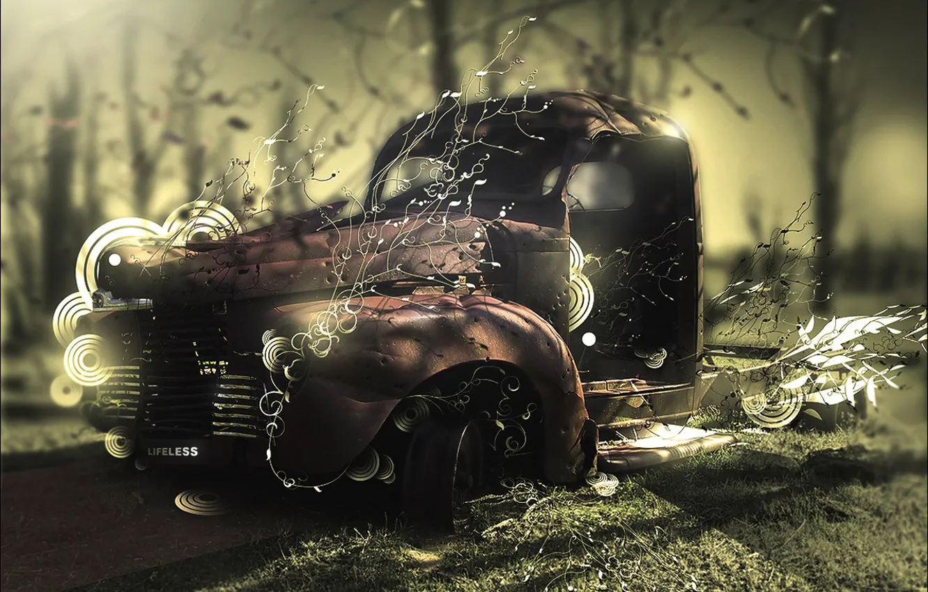 Photo wallpaper machine, auto, forest