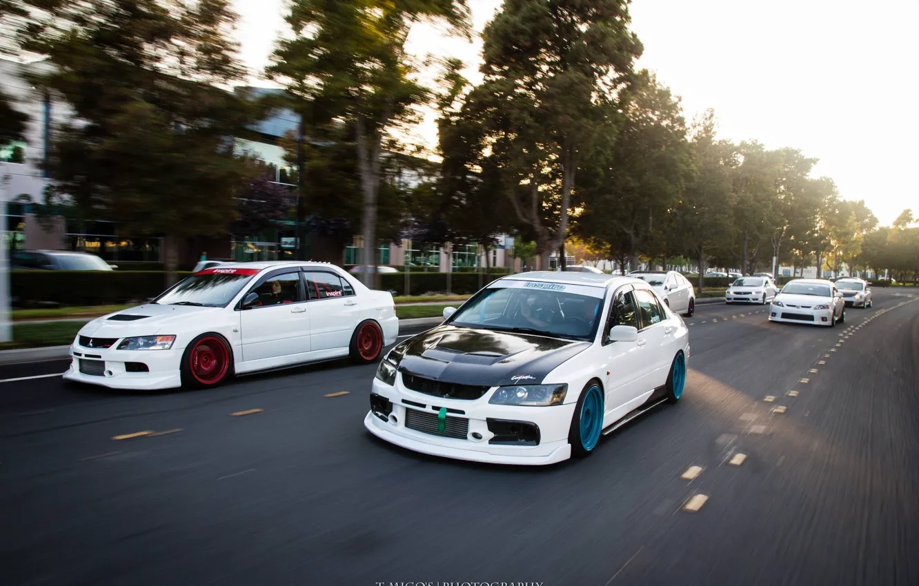 Photo wallpaper Mitsubishi, Lancer, Japan, white, Honda, Evolution, road, tuning