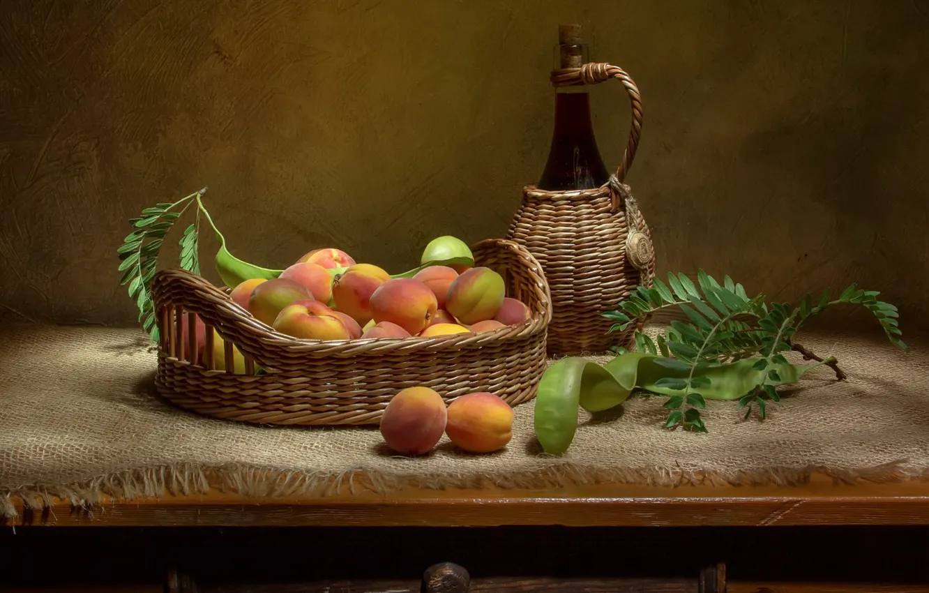 Photo wallpaper leaves, table, wine, bottle, still life, basket, burlap, apricots