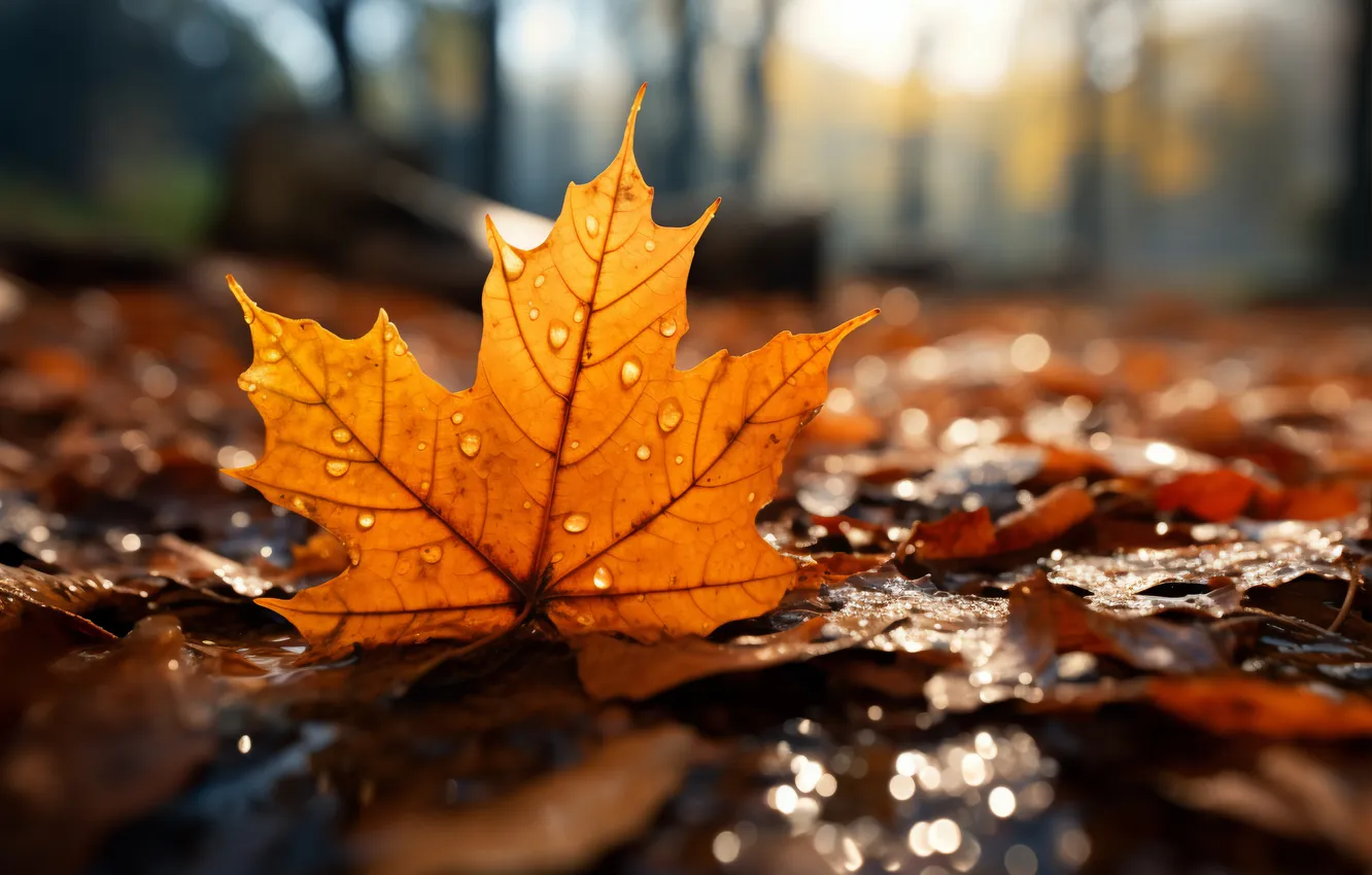 Photo wallpaper autumn, forest, leaves, drops, rain, rain, yellow, autumn
