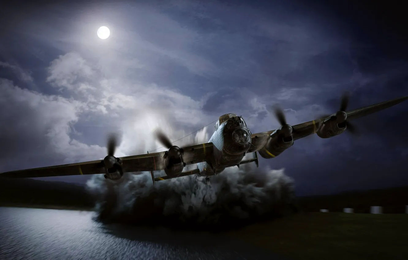 Photo wallpaper Night, The moon, Bomber, The full moon, Avro 683 Lancaster